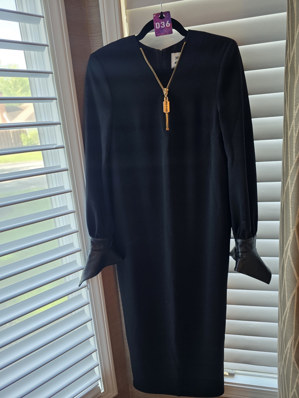 Black Long-Sleeve Midi Dress with Gold Zip Detail